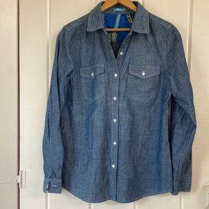 J.McLaughlin chambray button down shirt with contrast inside fabric